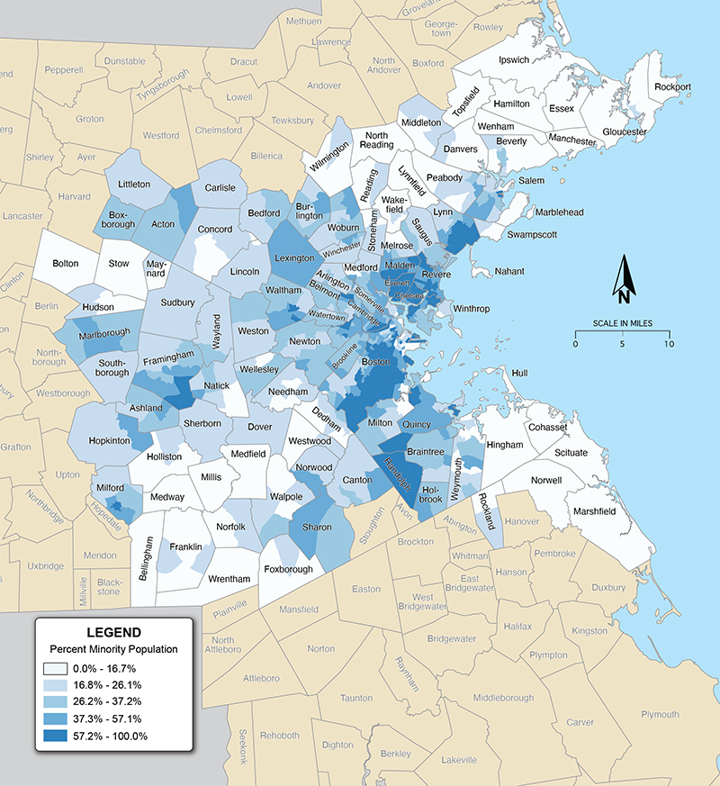Figure 1b shows the percent of the minority population living in each Census tract in the Boston MPO region in 2020.
